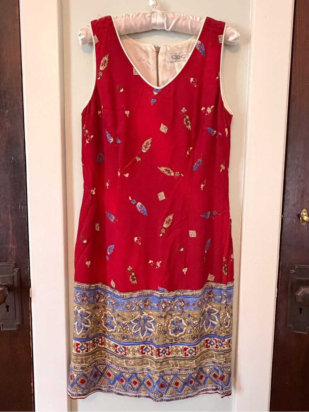 🌹 CDC Red Sleeveless Border-Print Shift Dress, women’s size 6